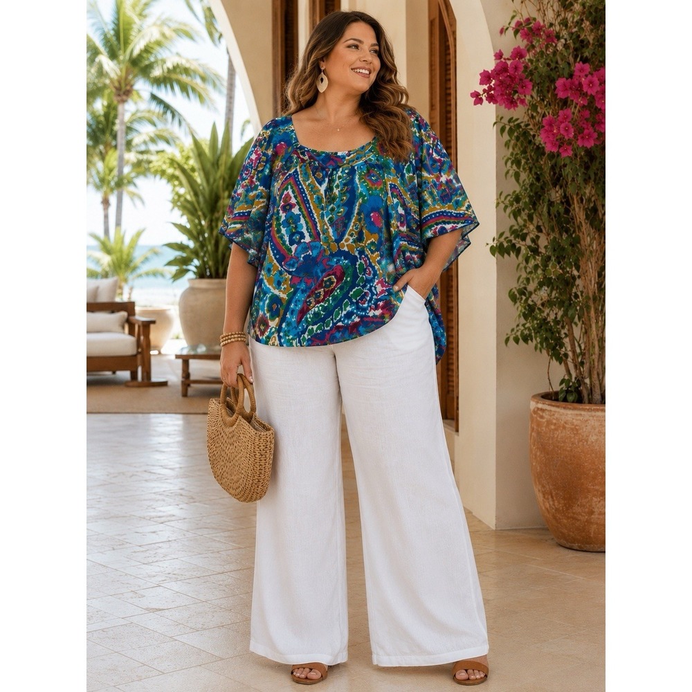 Y2k  Blues 4X Sheer Boho Paisley Blouse Blue Pink Flowy Resort AC16